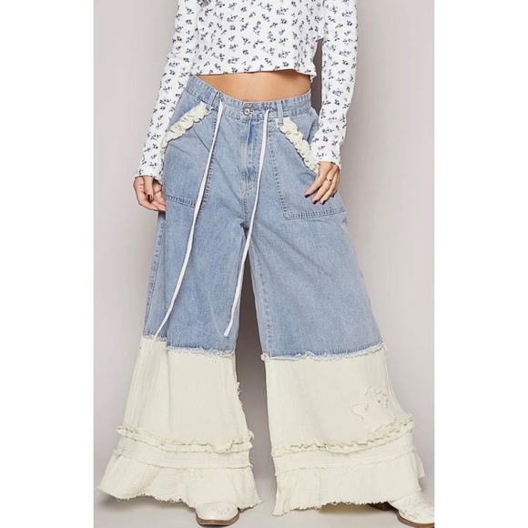 POL Pants - POL Wide Leg Pants Womens L Blue Cream Cotton Boho Ruffle Festival Cottagecore